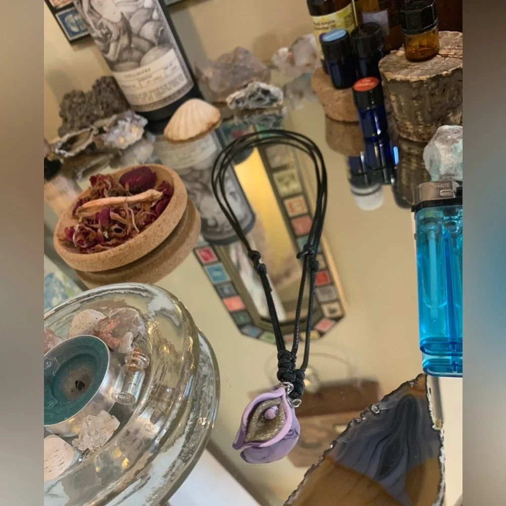 Sensual Floral Necklace Handmade Clay Pendant Adjustable Length Cord - Picture 3 of 12